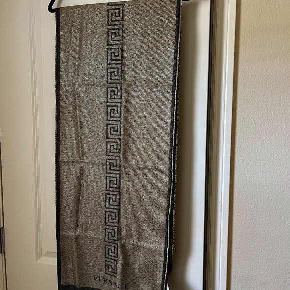 Versace Gold Khaki Metallic Wool Silk Scarf - Picture 1 of 1
